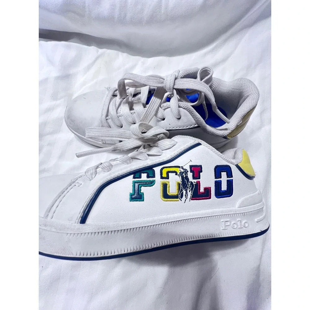 Polo Ralph Lauren Kids Heritage Court III White Multi Color Logo Sneakers Size12
